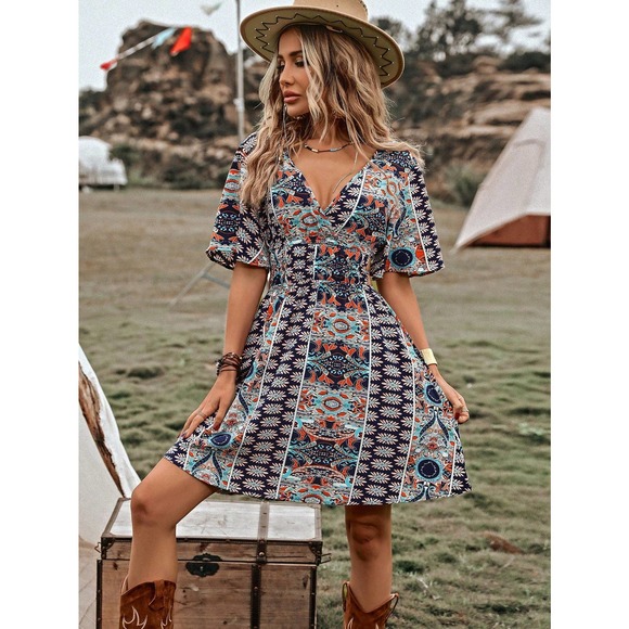 paisley boho Print Butterfly Sleeve Belted mini Dress - Picture 3 of 6